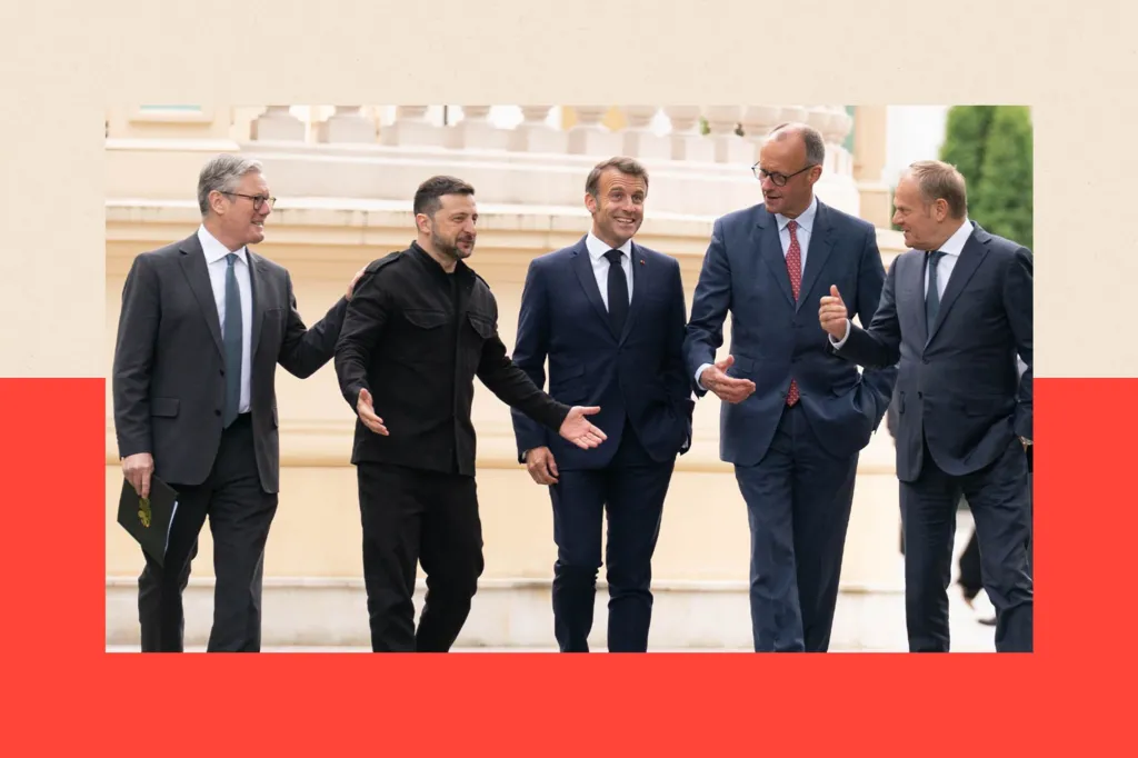 WPA Pool/Getty Images (left to right) British Prime Minister Sir Keir Starmer, Ukrainian President Volodymyr Zelensky, French President Emmanuel Macron, German Chancellor Friedrich Merz and Poland's Prime Minister Donald Tusk 